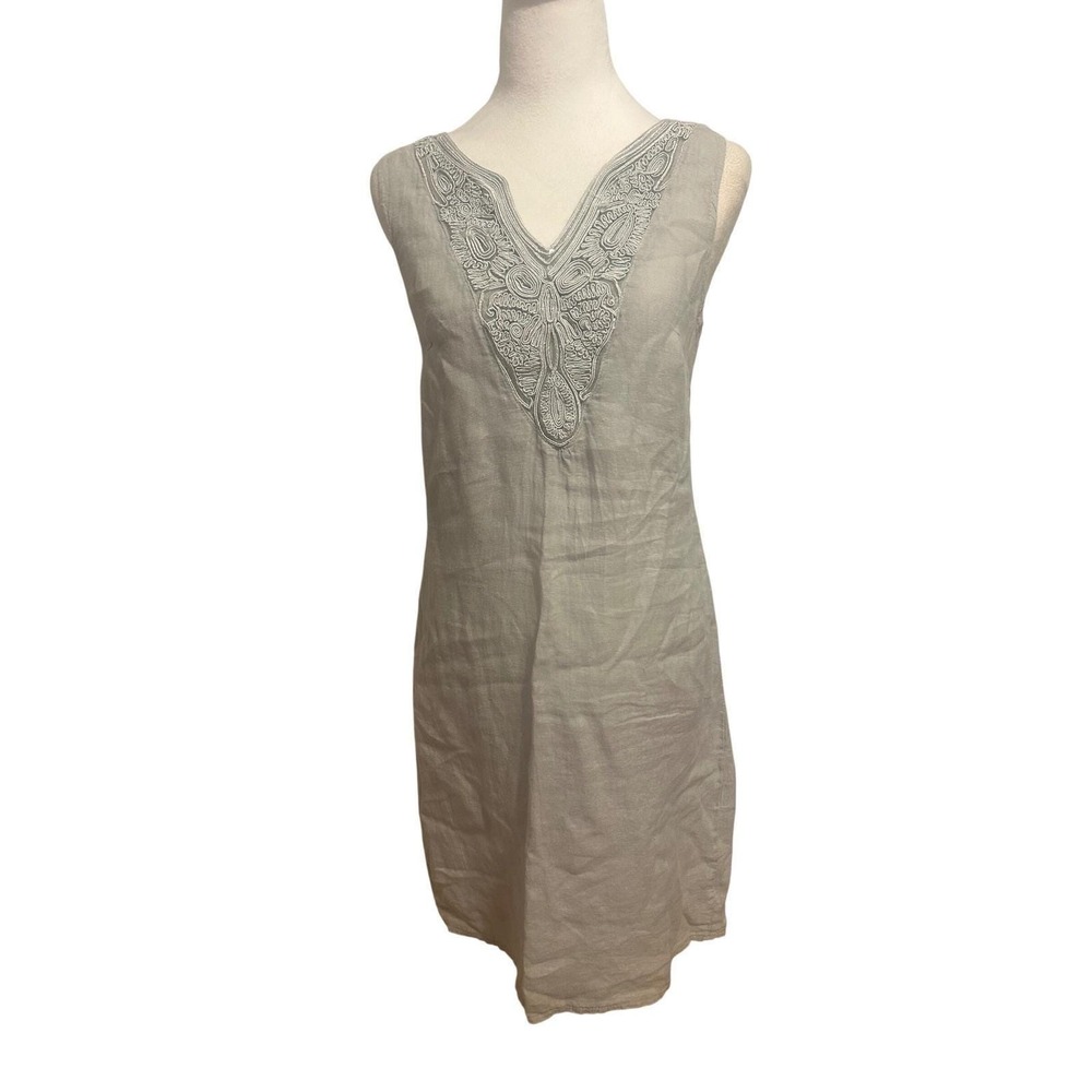 Lina Tomei Italian‎ linen euro summer beaded shift dress gray cotton stretch sm